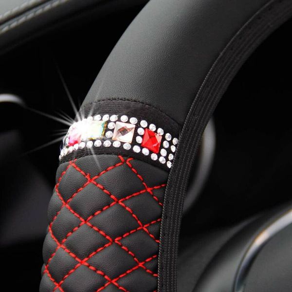 

steering wheel covers black/red 15''/37-38cm car pu leather diamond cover durable