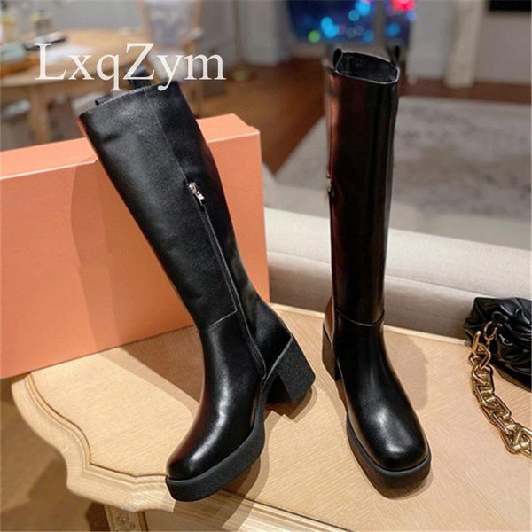 

boots fashion women's zipper shoes genuine leather women knee chunky heels shiny long, Black