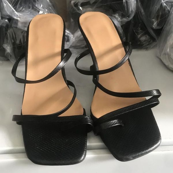 

slippers 2021 summer women pu square toe high thin heel flip flops fashion solid color female cross, Black