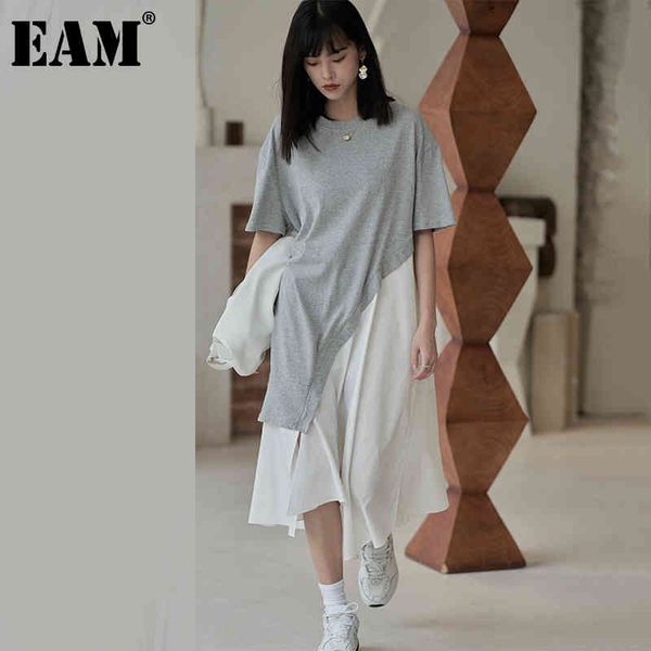 

[eam] women black big size irregular spliced dress round neck half sleeve loose fit fashion spring summer 1dd8445 21512, Black;gray