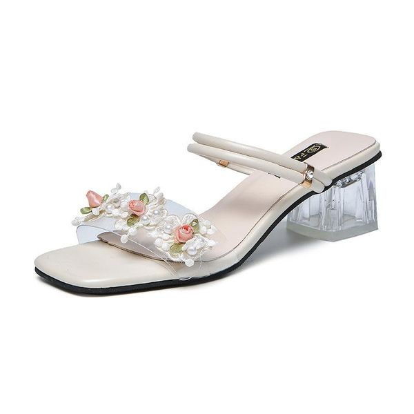 

sandals 2021 women's summer fashion ladies transparent flower high-heel casual slippers, Black