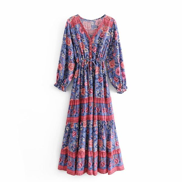 

casual dresses women floral print bohemian beach long es 2021 drawstring button tassel v-neck long-sleeve spring summer boho holid, Black;gray