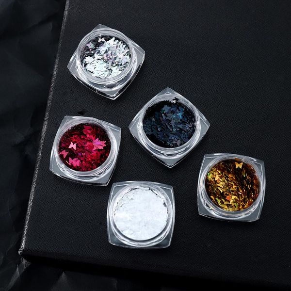 

nail art decorations holographic laser black star glitter sequins 3d decoration designs colourful butterfly flakes diy accessoires, Silver;gold