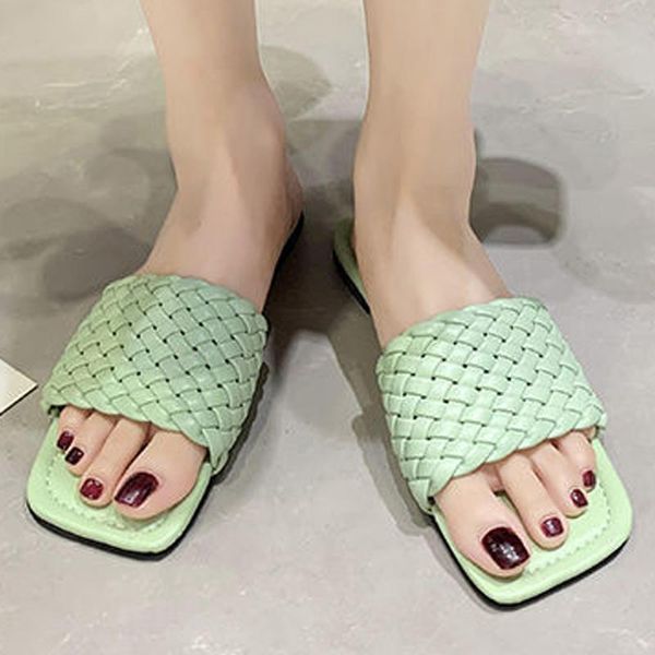 

slippers fashion lattice summer women weave green lightweight flat sandals non-slip indoor outdoor beach, Black
