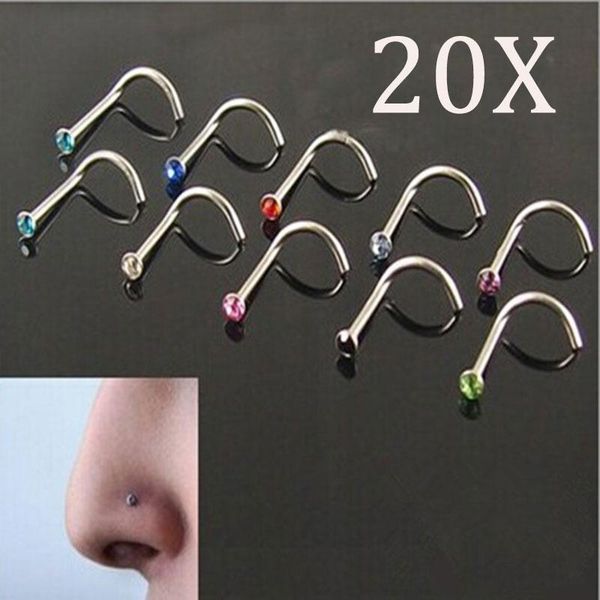 

other 20pcs colorful stainless steel rhinestone curved nose studs rings bars piercing ik88, Slivery;golden