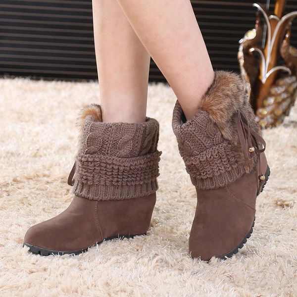 

winter ladies short boots plus velvet warm women's shoes wedge tassel bow bota feminina botas, Black