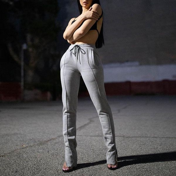 

casual hem split thick warm sweatpants for women autumn winter clothing lace up drawstring high waisted solid trousers women's pants &, Black;white