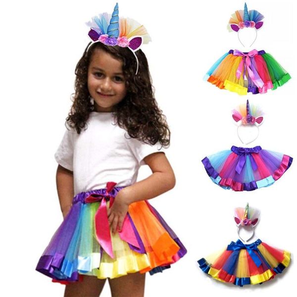 

skirts party princss girls tutu toddler baby skirt+headband 2pcs set rainbow tulle dance birthday children clothing