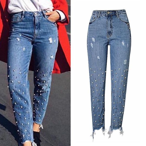 

women fashion embroidered flares tassels high waist washed straight jeans ripped denim ankle length pencil pants women's, Blue