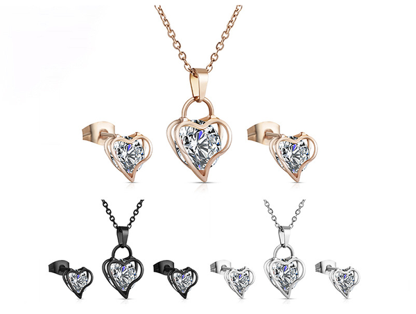 

chains heart - shaped zircon with stainless steel necklace and earings exquisite two piece set, Silver