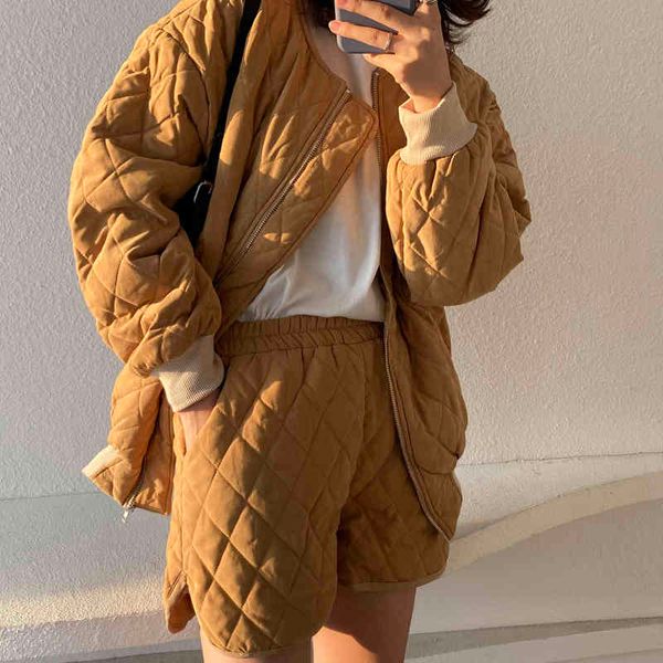 

downs two piece suit winter solid women coat sets o-neck thick warm loose casual jacket female outwear elegant, Black