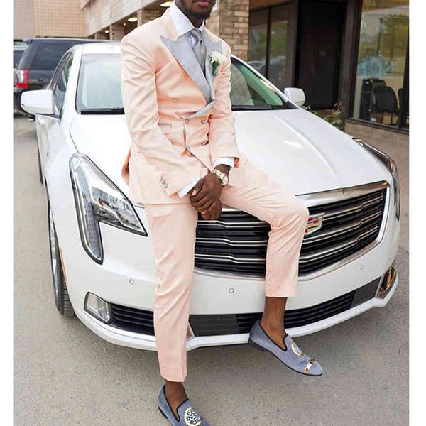 

men's suits & blazers slim fit light pink prom men with double breasted 2 piece custom wedding tuxedo for groomsmen gray lapel man fash, White;black