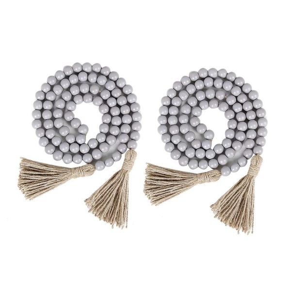 

2pcs 58in wood bead garland with tassels,farmhouse rustic country decor prayer boho beads wall hanging decoration,gray novelty items