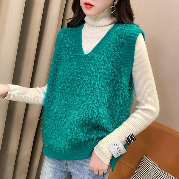 

women's vests pullover vest fashion winter sleeveless coats knitted loose green black red wool v-neck korean autumn top, Black;white