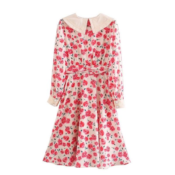 

a line spring retro red flower print sleeve dress vintage woman peter pan collar ruched slim waist shirt long dresses, Black;gray