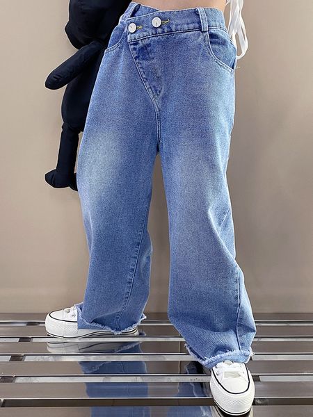 

girls jeans 2022 summer new style hong kong style big childrens design sense drape straight loose loose wild wide-leg pants, Blue