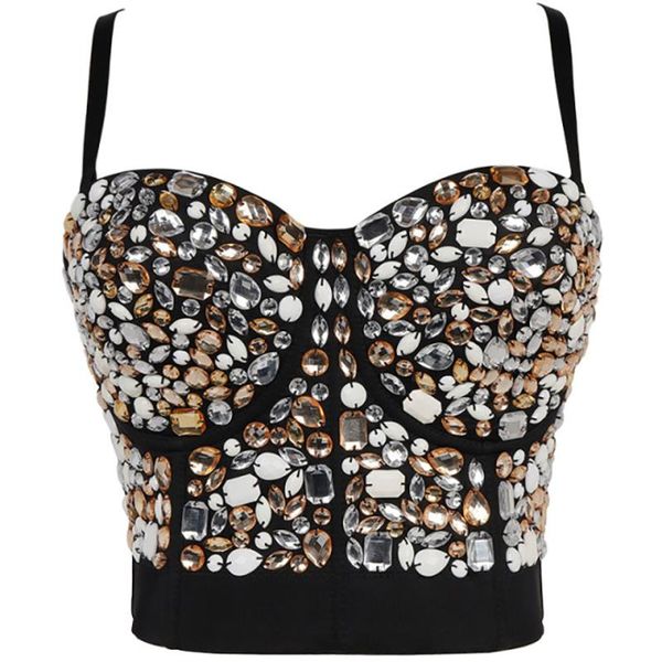 

women's tanks & camis women with built in bra push up breast nightclub performance crop acrylic imitation gemstone 2021 summer top, White