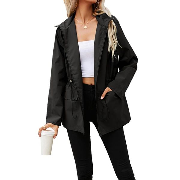 

women's trench coats women autumn jacket, solid color hooded long sleeve zipper-front slim-waist sports coat for girls, 3 colors, Tan;black