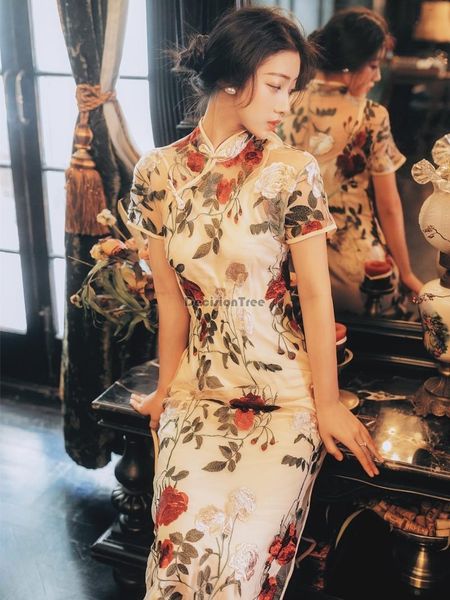 

oriental bride wedding evening party dress chinese traditional female cheongsam lace qipao chongsam ethnic clothing, Red