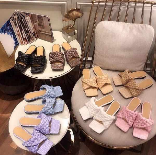 

stretch flat sandals designer luxury women intrecciato woven fiber extended muller sandal square toe mules knotted ribbon italy classics sli, Black