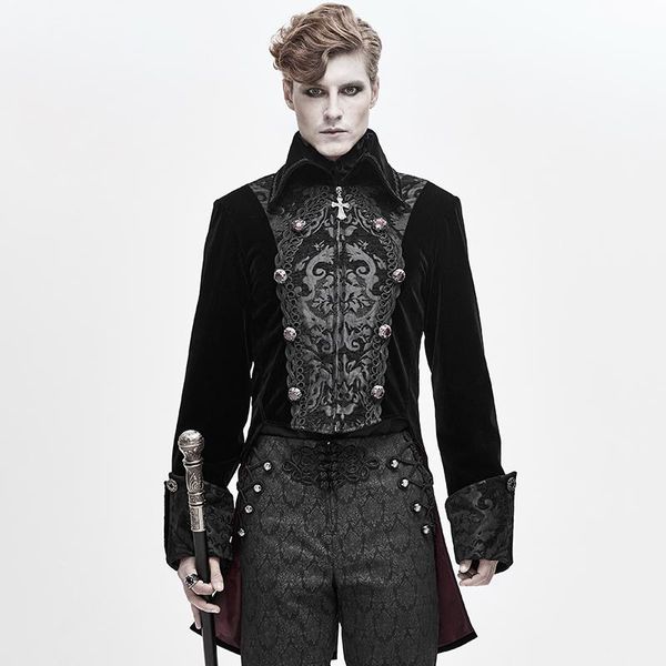 

halloween victorian men jacquard weave stand collar long sleeve coat outwear retro jacket goth men's wool & blends, Black