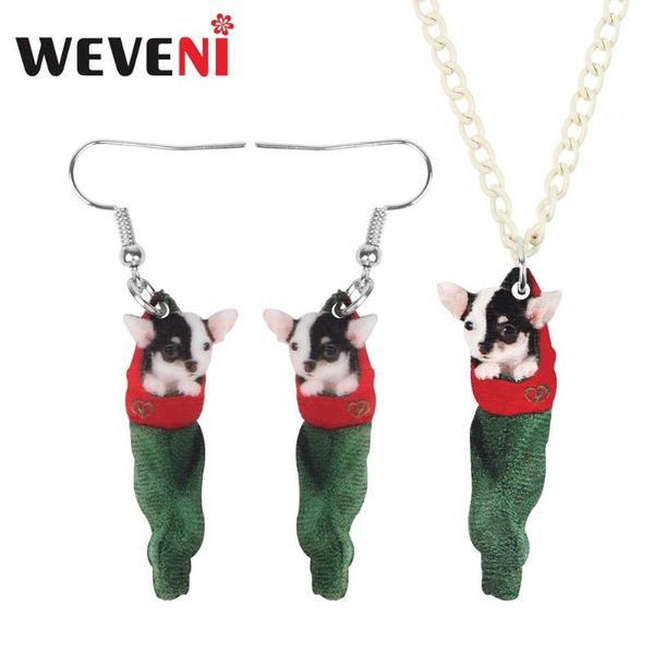 

earrings & necklace weveni acrylic christmas chihuahua dog gift bag jewelry set animal for women girl charm accessory, Silver