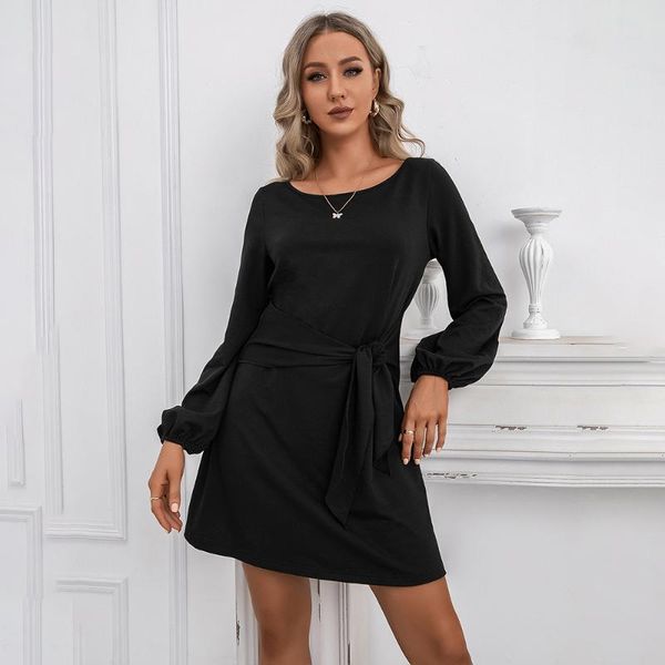 

casual dresses 2021 fashion solid color straps slim high waist loose dress women long lantern sleeve mini, Black;gray