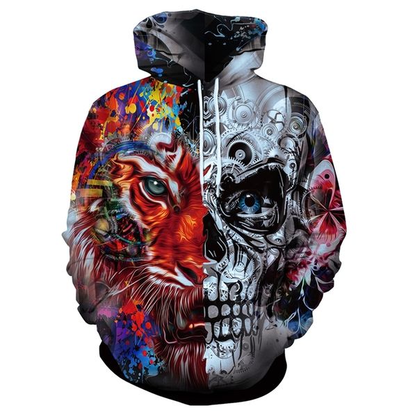 

new fashion brand 3d tiger skull print hoodie in autumn and winter, Black