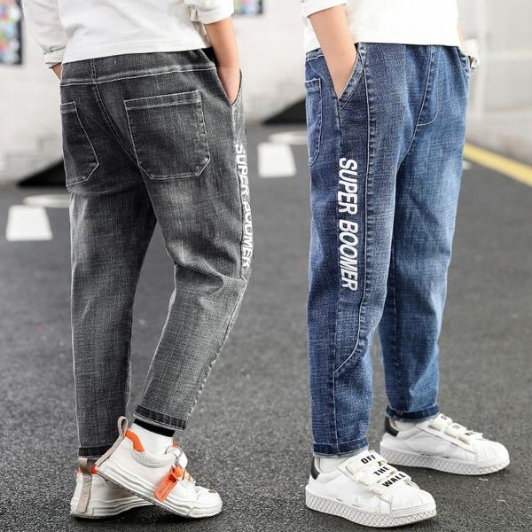

fashion boys jeans autumn kids pants teenager denim pant cotton mid elastic waist trousers for boy clothes, Blue