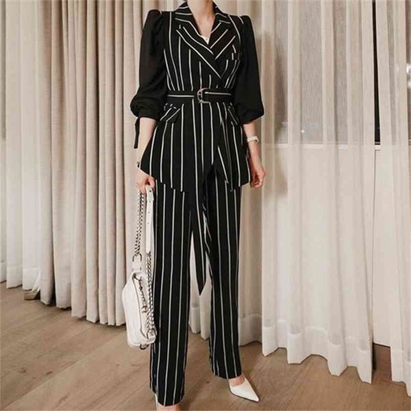 

work pant suits ol 2 piece set for women fashion business interview suit striped blazer office lady suit with belt 210603, White