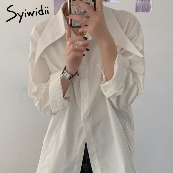 

syiwidii women blouses big collar button up shirt korean vintage long sleeve women cotton white blue shirt and blouse 210417