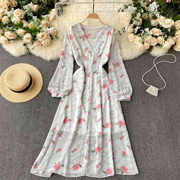

spring models french vestidos women wear temperament v-neck puff sleeve slim chiffon print midi dress gk366 210506, Black;gray