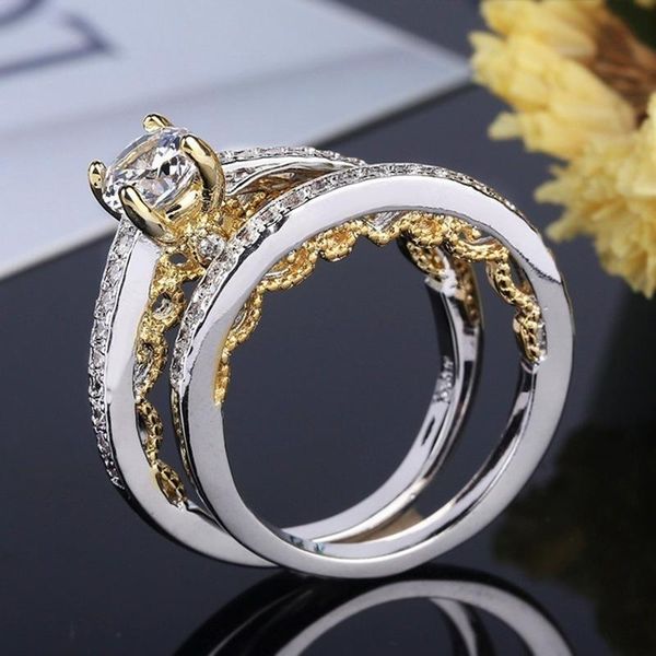 

cluster rings 2 pcs/set fashion simple golden color lace inlaid white zircon ring set for women engagement party wedding jewelry, Golden;silver