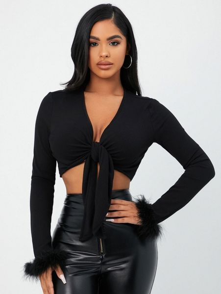 

sxy tie front fuzzy cuff crop w5y4#, White