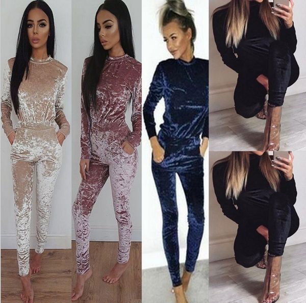 

women's jumpsuits & rompers wholesale- style autumn winter womens jumpsuit turtleneck long pants velvet playsuits slim w1j5, Black;white