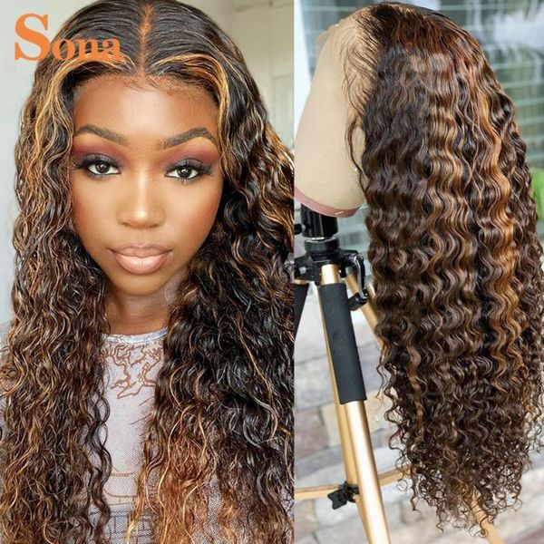 

4/30 piano colored highlight wig frontal pre plucked brazilian remy curly human hair deep wave lace front wigs for women, Black;brown
