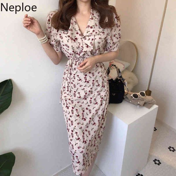 

neploe ladies sweet dress summer elegant flower print dresses v neck short sleeve ruffle lace slim robe korean vintage vestidos 210422, Black;gray