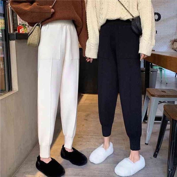 

2022 women autumn winter knitted harem pants female loose solid color trousers ladies high waist warm granny casual pants, Black;white