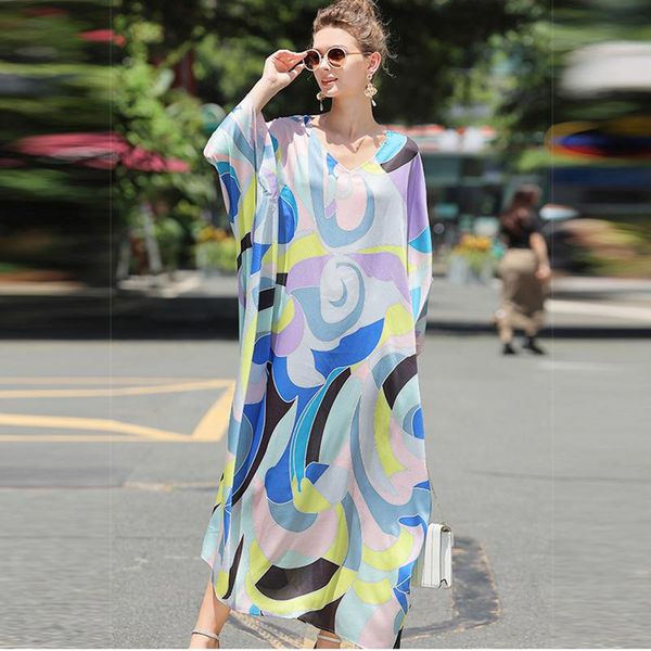 

casual dresses designer fashion summer silk ankle-length dress 2021 women batwing sleeve contrast color printed holiday, Black;gray