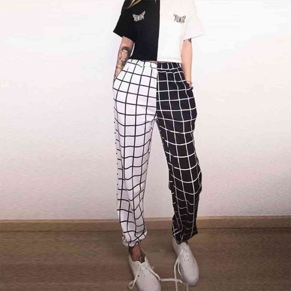 

patchwork plaid jogger womens pants contrast color high waist elastic sport female summer casual fashion ladies sweatpants, Black;white