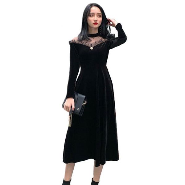 

casual dresses women 2021 spring autumn v-neck gold velvet dress female elegant vintage ladies slim solid pleated a-line v657, Black;gray