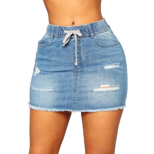 

lacing stretch denim womens skirt high waist ripped bodycon spandex mini jean skirts for women d88, Black