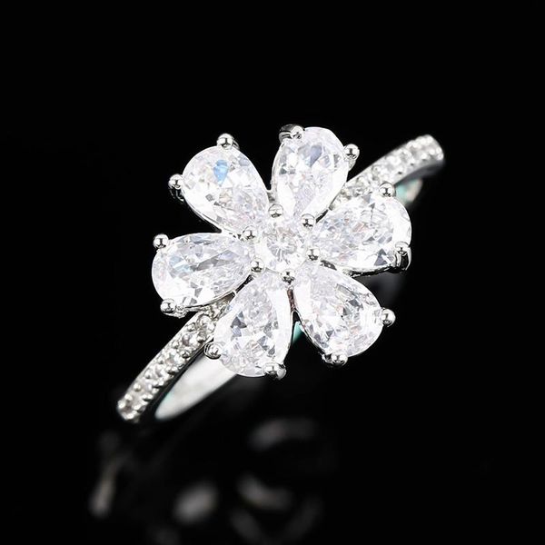 

wedding rings romantic crystal flower floral for women engagement bridal alloy silver color rhinestone ring fashion jewelry gift, Slivery;golden