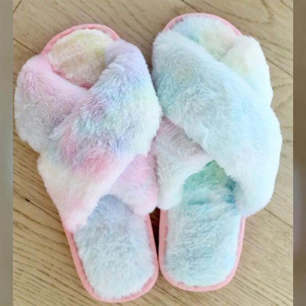 

slippers fluffy women rainbow home winter warm shoes woman slip on flats slides female mixed faux fur d30, Black