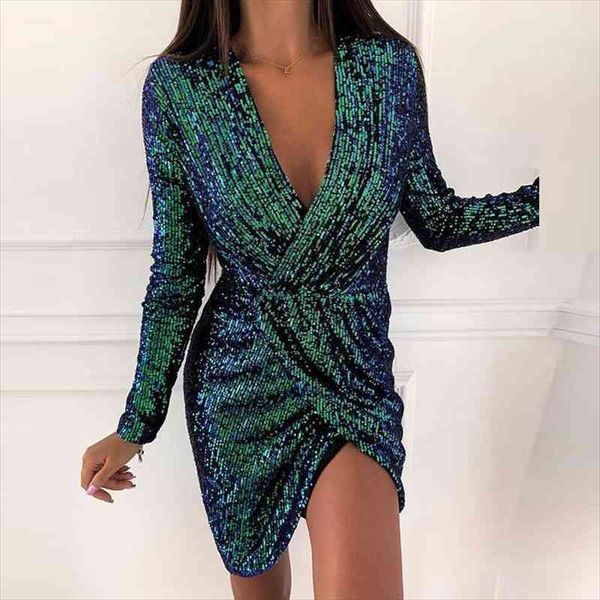 

women deep v-neck long sleeve dress autumn sequin glitter shiny party dress elegant wrap split mini slim vestidos 5xl, Black;gray