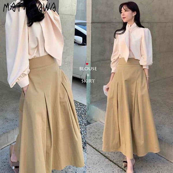 

matakawa 2 piece set women korean temperament woman blouses chic bow tie design shirt + high waist pleated long skirt women 210513, White