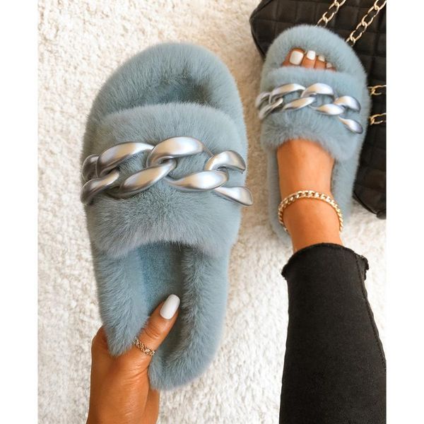 

slippers furry fur slides plush for women silver chain fluffy flip flops designer faux sandals female home shoes, Black