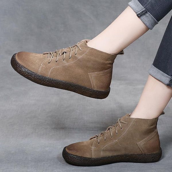 

boots tilocow women retro autumn cow suede for lady soft bottom lace up shoes woman casual weatern flat ankle boot, Black