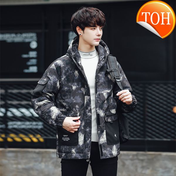 

men's casual korean version fashion all-match loose youth down jackets high-quality trend camouflage print thick warmth hooded, Black
