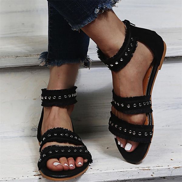 

sandals vintage women summer gladiator fashion rivets woman flats outdoor beach shoes non slip ladies sandalias big size 35-43, Black